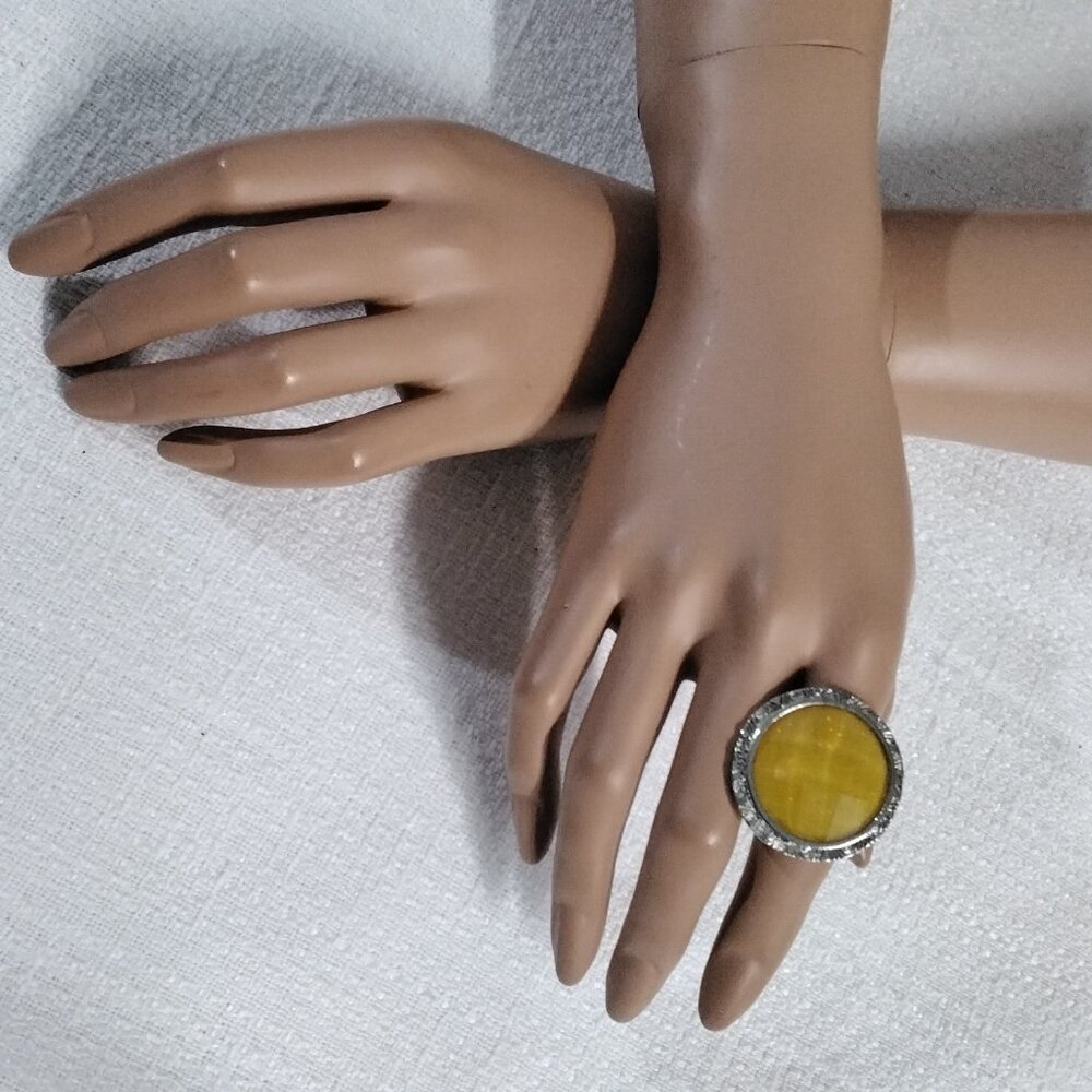 Adjustable Statement Fashion Big Large ring silver tone yellow rounded Duomo top